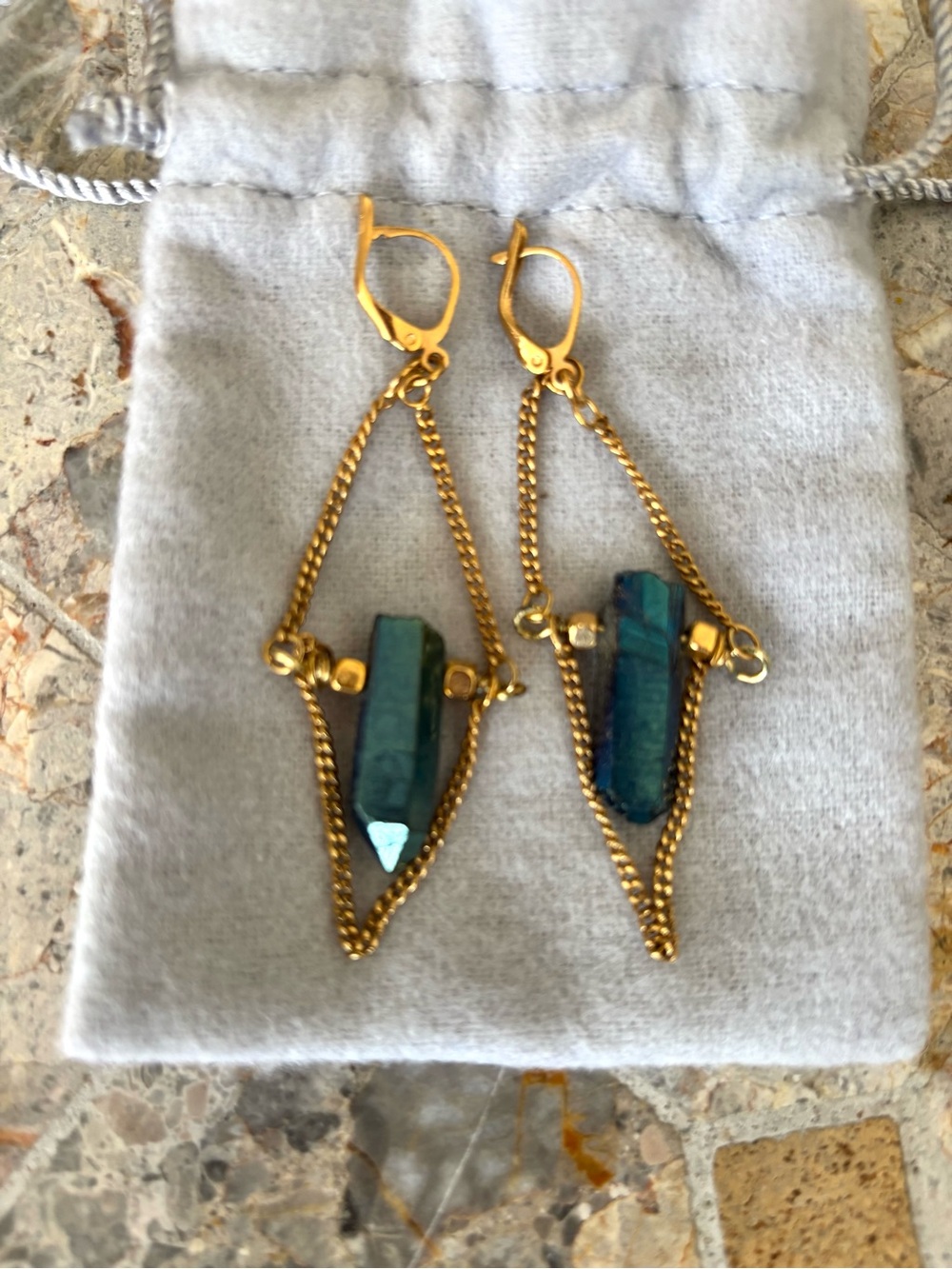 Boho Blue Crystal Point Chain Drop Earrings Gold Tone Statement